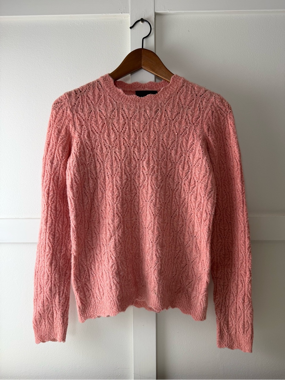 Cynthia Rowley Coral Pink Pointelle Cable Knit Sweater XS Yak Blend